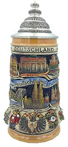 Zöller & Born Bierkrug Panorama Deutschland, gelb bemalt, mit Zinnspitzdeckel, Seidel 0,5 Liter Bierseidel