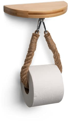 Arrow and Stem Modern Hanging Wall Mount Natural Bamboo Toilet Paper Holder Rope with Convenience Shelf Tray for Toilet Paper, Phone, Plants, Decor, and Other Accessories