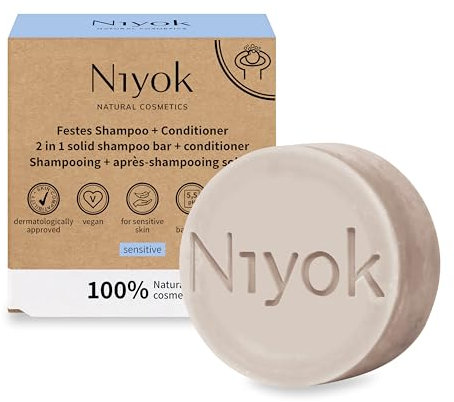 Niyok® Shampoo solido 2 in 1 + balsamo Sensitiv (80 g) • Shampoo sensibile senza profumo • Balsamo senza profumo • Shampoo per capelli contro le irritazioni e il cuoio capelluto stressato • Sapone