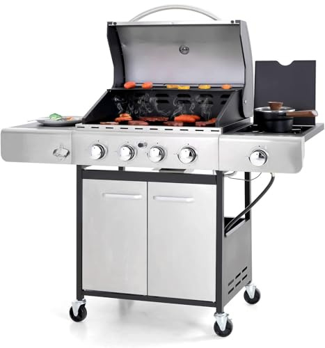 Sophia & William 4-Burner Propane Gas BBQ Grill with Side Burner and Porcelain-Enameled Cast Iron Grates, Stainless Steel Barbecue Grills Outdoor Cooking, Silver Cabinet Style, 42,000BTU