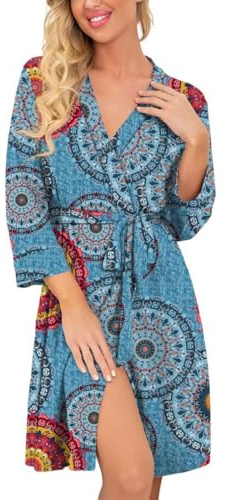 Prinstory Bademantel Damen Weich Morgenmantel Kimono V-Ausschnitt Reisebademantel Leicht Nachtwäsche Kurz Saunamantel (Blumendruck Blau Mischen, L)