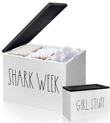 MISTOD Tamponhalter für Badezimmer, Pad und Tampon-Organizer mit Tablett-Deckel, Holz, femininer Produktorganisator, Hai-Woche, Tampon-Aufbewahrung, Badezimmer-Zubehör, kleine Aufbewahrungsbox – Weiß