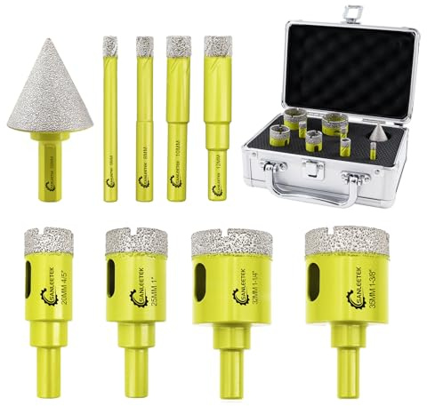 Diamond Core Drill Bits Set - 9pcs (6/8/10/12/20/25/32/35mm+35mm Hex Shank Beveling Chamfer Bit) Hole Saw Kit with Round Shank for Ceramic Porcelain Tile Marble Granite Quartz SANLEETEK