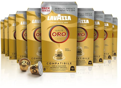 Lavazza, Qualità Oro, 200 Capsule in Alluminio Compatibili con Macchine Nespresso Original, Note Fruttate e Floreali, 100% Arabica, Intensità 8/13, Tostatura Chiara, 20 Confezioni da 10 Capsule