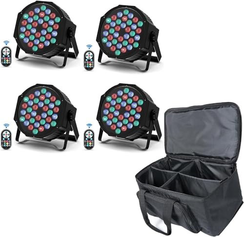 U`King 4 PCS RGB Focos Par 36 LED con Bolsa, 72W Luces Escenario con Control Remoto y Modo de Activación de Sonido, Luz de Discoteca para Fiestas Navidad DJ Bar