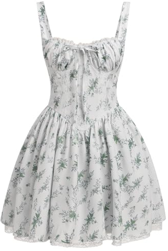 Odizli Robe Femme Été Sexy Sans Manches Spaghettis Bohème Florale Dentelle Courte Minirobe, Blanc/vert, L