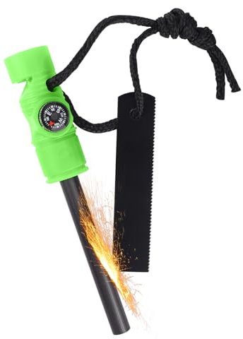 Flint and Steel Fire Starter Magnesium Ferrocium Rod 5 in 1 Flint Striker Multi Tool with Compass & Whistle, Survival Kit Tool for Camping and Hiking (Luminous Green Handle)