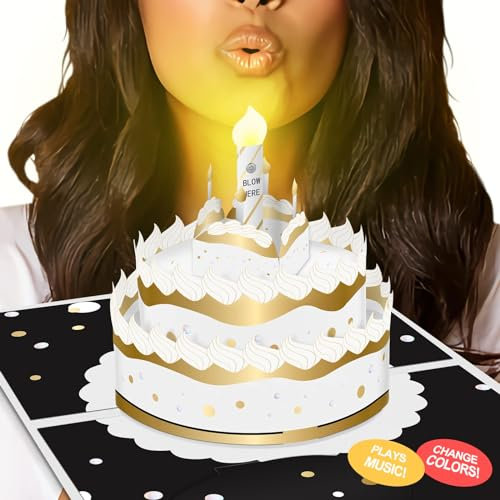Musikalische Geburtstagskarte mit großem Kuchen – Geschenkkarte zum Geburtstag, Einschalten und Abspielen des Happy Birthday-Liedes mit Licht, 3D-Popup-Grußkarte für Frauen, Männer, Ehefrau, Ehemann
