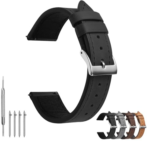 TODYSTRAP Uhrenarmband 20mm Leder, Schwarz Uhrenarmbänder für Herren, Ersatz Weiche Uhrenarmbänder, Smartwatch Armband mit Schließe Edelstahl, 18mm 20mm 22mm 24mm
