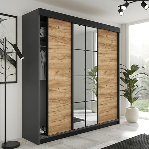 KIER FURNITURE Armoire Chambre - Largeur 200 cm Graphite & Oak Craft Gold - Moderne Penderie - Armoire Chambre Adulte - Penderie Vetement Dressing - 200 x 205 x 59 cm