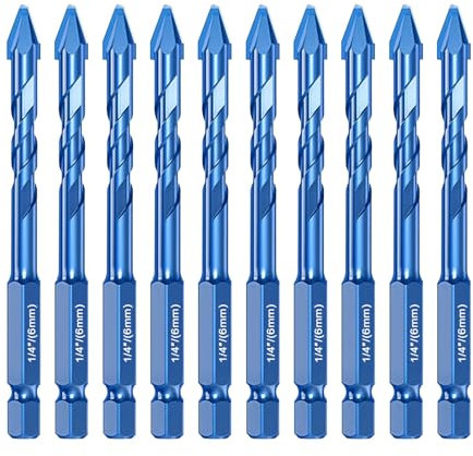10pcs Tile Drill Bits Set, 1/4 6mm High Strength Eccentric Twist Drill Bit Set for Ceramic Glass Granite Marble Brick Wood, Strength Carbide Drill Bits with Hexagonal Shank (Blue)