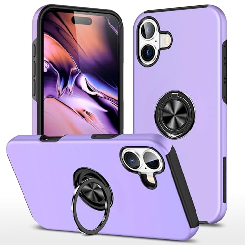 XYZNTMF for iPhone 16 Case Built-in Ring Holder Shockproof iPhone 16 Phone Case Silicone Bumper Matte Hard PC Shell Magnetic Car Mount Protective Skin Cover, Purple