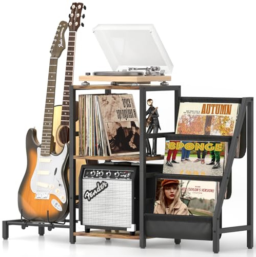 Bikoney Record Player Stand with Guitar Holder, Guitar Rack for Acoustic, Electric Guitar, Bass, Guitar Stand Multiple Guitars, Vinyl Record Stand, Guitar Stands Floor for Studio