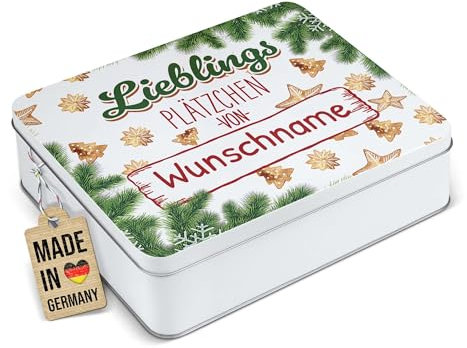 Print Royal PR Geschenkdose mit Name personalisiert - Lieblingsplätzchen - Blechdose bedrucken, Aufbewahrungsdose, Keksdose - Weihnachtsgeschenke | Rechteckig weiß, 1500 ml