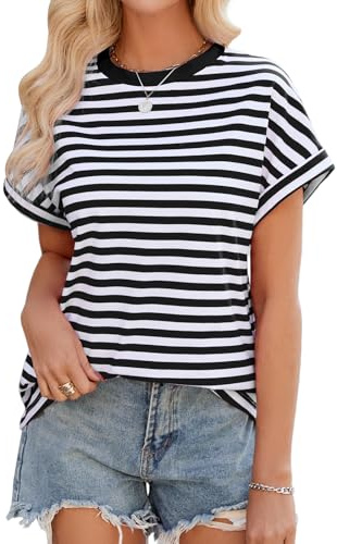 Xnova Tee Shirt à Manches Courtes Femme Rayé T-Shirts Ample Col Rond Oversize Haut Top Été Chic et Élégant Blouse Décontracté, Noir et Blanc, S