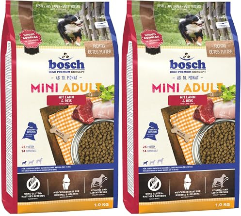 Bosch HPC Mini Adult mit Lamm & Reis | Hundetrockenfutter für ausgewachsene Hunde Kleiner Rassen (bis 15 kg) | 1 x 1 kg (Packung mit 2)