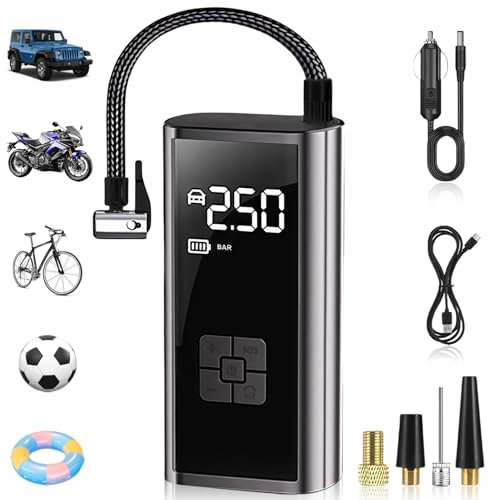 Flinctronic Compresor de Aire Inalámbrico para Inflar Neumáticos, Bomba Eléctrica Portátil de 150 PSI con Pantalla Digital, Modos Preestablecidos, Parada Automática, luz LED, Batería Externa USB