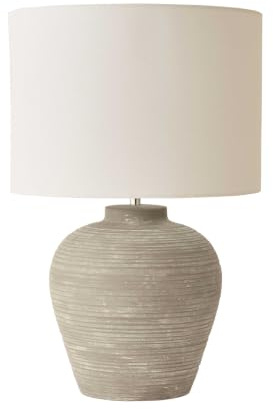 ValueLights | Reid Linen Drum Lamp Shade Stone Grey Ribbed Ceramic Large Table Lamp with Bulb | Table Lamps, Home Décor & Improvement Essential | Light Bulb Included
