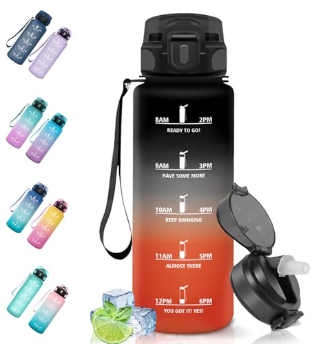 Motswedi Trinkflasche, 1500ml BPA-Frei, Trinkflasche mit Strohhalm, Auslaufsicher, Trinkflaschen Sport, Kohlensäure Geeignet, Wasserflasche für Camping, Yoga, Gym, Schule, Outdoors, Schwarz und Rot
