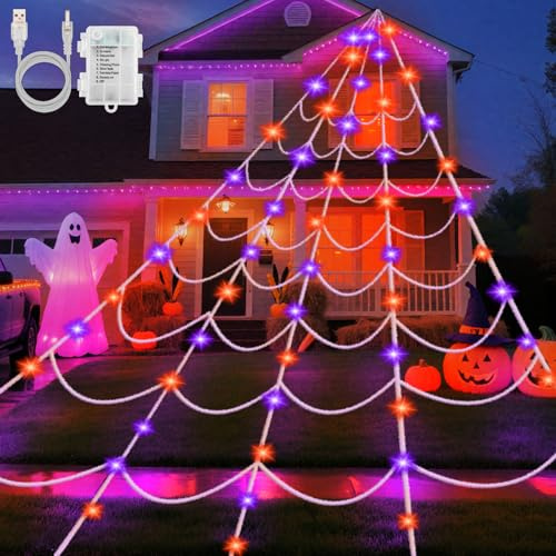 Gcstnn Guirnalda de luces de telaraña de Halloween, 6 x 5 m, 150 luces LED de telaraña naranja y lila, USB, batería con temporizador, 8 modos, impermeable, para jardín, casa embrujada, exterior