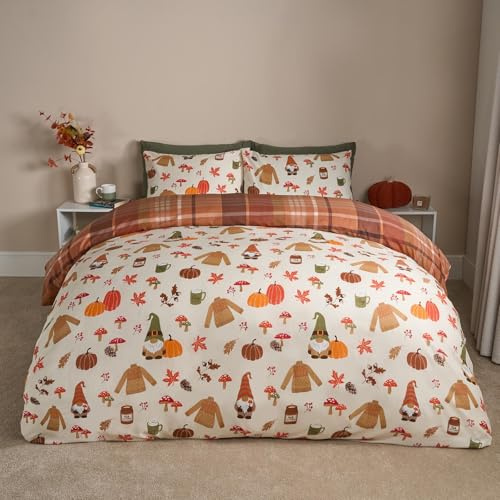 OHS Autumn Double Duvet Set, Ultra Soft Warm Cosy Microfibre Autumnal Halloween Bedding Luxury Tartan Check Reversible Quilt Cover Double Bedding Set with Pillowcases, Cream/Rust