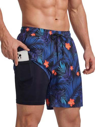 Valcatch Men's Swim Shorts with Compression Liner | Quick dry swimming trunks with inner pocket. UPF 50+ beach board shorts for summer holiday, surfing and water sports.