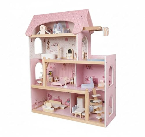 DREAMADE Puppenhaus Holz, 4-stöckiges Dollhouse mit 6 Zimmern & Terrasse mit Pool, mit 33 realistische Möbelstücken & 2 Treppen, Traumvilla für Kinder ab 3 Jahren (Rosa)