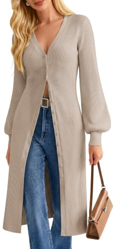 GRACE KARIN Women‘s Elegant Lantern Sleeves V-Neck Long Cardigan Stretch Slim Fit Cardigans