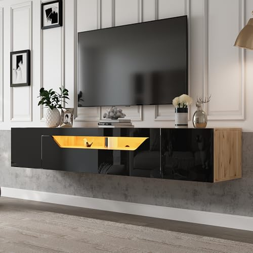 Meuble TV Suspendu en Bois, Salon, Noir et Naturel, 180 x 37 x 36 cm