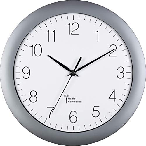 Eurotime Funkwanduhr, 30 cm, Kunststoffgehäuse, gewölbtes Echtglas, automatische Zeitein- und Zeitumstellung von Sommer- und Winterzeit, Wanduhr für Küche und Wohnbereich, Silber, 52800-07