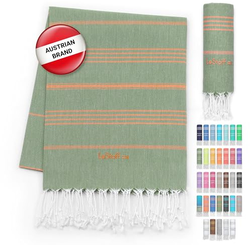 LeStoff Hamamhandduk Sporthandduk, 100% ekobomull, 95x180, Olivgrön/Orange