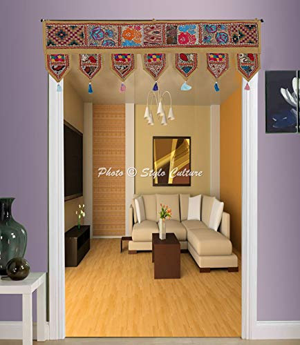 Stylo Culture Cantonnière de fenêtre en Coton Indien Inde Beige Ethnique Vintage Brodé Patchwork Glands Écharpe Florale Rideau Topper Home Decor Traditionnel Swag Rideau Porte Suspendue Toran