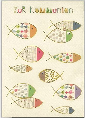 Wunderschöne hochwertige Grußkarte mit Umschlag zur Kommunion, geprägtes Reliefpapier (original von Turnowsky, est. 1940) mit bunten Fischen