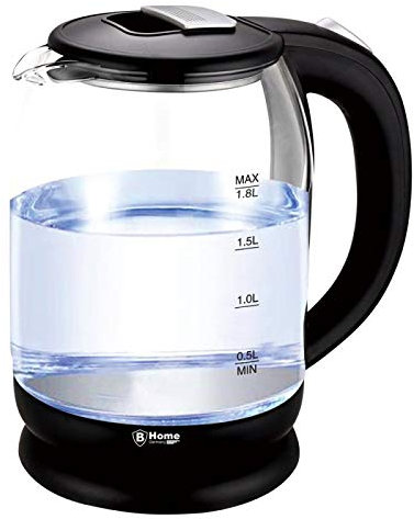 B-home - Hervidor de agua (cristal, 1,8 L, inalámbrico, filtro de cal, LED azul)