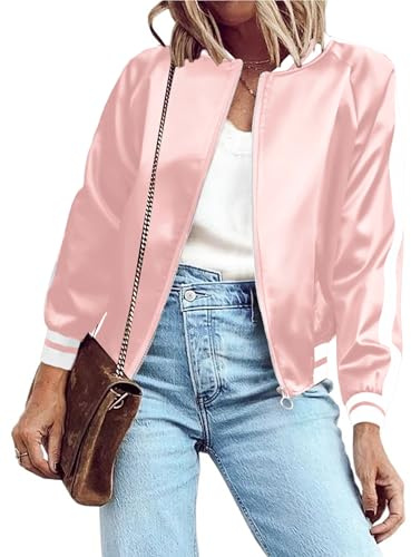 Zeagoo Women Letterman Jackets Satin Bomber Jacket Casual Short Biker Jacket Classic Quilted Coat Outerwear Pink Small