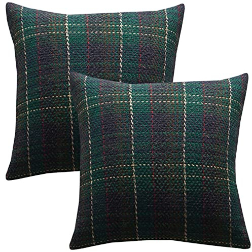 LOHDALOLF Green Plaid Cushion Covers 45x45 cm Pack of 2 Knitting Tartan Cushion Cases Winter Xmas Farmhouse Pillow Covers for Sofa Bed