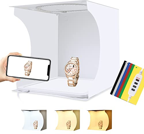 Camnoon 31 * 32,7 * 31 cm Faltbares LED-Lichtzelt Lichtbox Softbox 6000K-6500K Dimmbar USB-betrieben mit 6 Farbhintergründen und schattenfreiem LED-Lichtpanel für kleine Produktfotografie