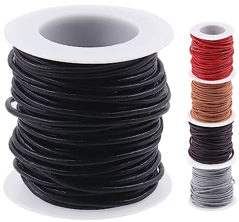 Swpeet 1 rollo de cuerda de cuero negro de 2 mm x 11 yardas, cuero vacuno redondo para manualidades, cordón de cuero crudo natural para hacer joyas, cordones, pulseras trenzadas, aplicaciones