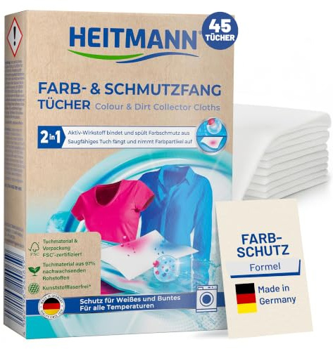 HEITMANN Farb und Schmutzfangtücher | Zweifach aktiver Wäscheschutz vor Verfärbungen & Vergrauungen | FSC-zertifizierte Wäschepflege ohne Kunststofffasern | 45 Farbfangtücher Waschmaschine