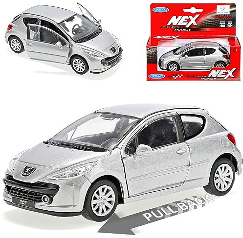 Welly Peugeot 207 3 Türer Silber 2006-2015 mit Rückzugsmotor ca 1/43 1/36-1/46 Modell Auto mit individiuellem Wunschkennzeichen