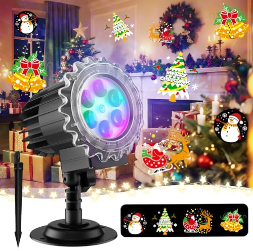 Matekxy Christmas Projector Lights Outdoor, 2025 Upgraded 3D Snowman Bells Sleigh Santa Decoration Light, IP44 Waterproof Holiday Lamp for Xmas Garden Patio Indoor