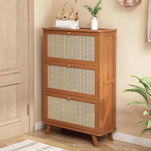 Schuhschrank aus Rattan,schuhschrank ,schuhschrank schmal ,schuhkommode , Schuhkipper, Schuhaufbewahrung für max. 24 Paar Schuhe, mit 3 Kipptüren für Eingang Flur Diele,67×25×113cm ( Color : Wood colo