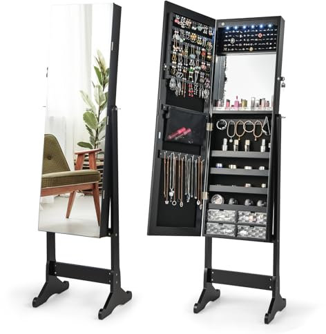 Multigot Jewellery Cabinet with 6 LED Lights, Adjustable Lockable Jewelry Armoire with Full Length Mirror and Built-in Mirror, Freestanding Makeup Cosmetic Storage Organizer (Black)