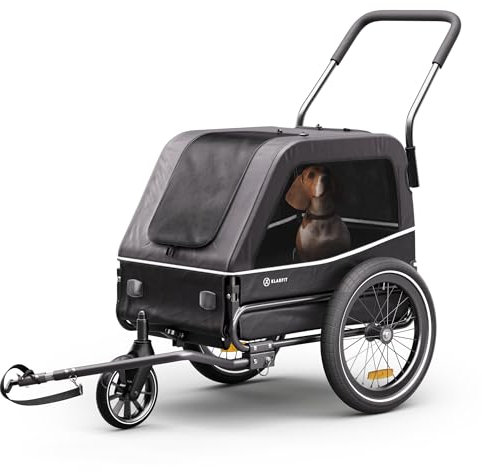 Klarfit Goldie S Fahrradanhänger Hunde, Hundefahrradanhänger, Umwandelbar in Kinderwagen, Wasserabweisend, Doppelte Sicherheitsbefestigung, Reflektoren & Regenhaube, Max Belastung 45kg, Dunkelgrau