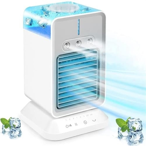 Aire acondicionado portátil, enfriador de aire evaporativo 4 en 1, mini enfriador de aire personal con 3 velocidades de viento y 3 niebla fría y temporizador de 2-4 horas, ventilador de refrigeración