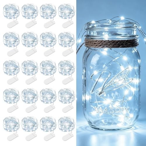 AOZOPE 20 Pack Fairy Lights Battery Operated 7ft 20 LED Mini Fairy String Lights Waterproof Copper Wire Firefly Starry Lights for Wedding Party Mason Jars Christmas Decorations, Cool White