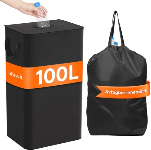 Lifewit 100L Conservazione Delle Bottiglie con Coperchio, Pattumiera Differenziata per Bottiglia Plastica e Bottiglia Vetro, Raccolta Differenziata con Foro, Contenitore Pattumiera, Nero