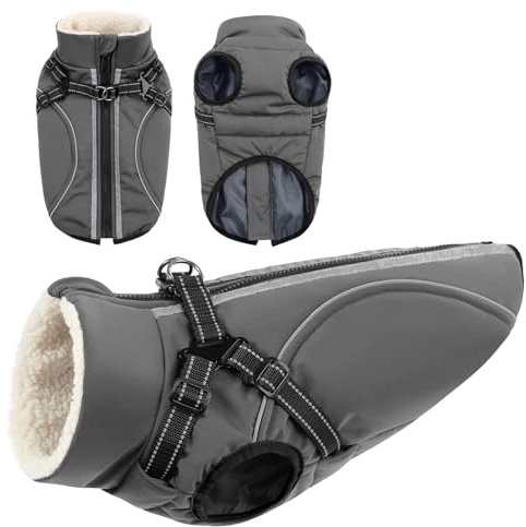 CITÉTOILE Wasserdichter Winter Hundemantel mit Geschirr Fleece Grau M | Warme Hundejacke mit Reißverschluss, Wintermantel mit Reflektorstreifen für kleine Mittel Große Hunde, mit Bauchschutz