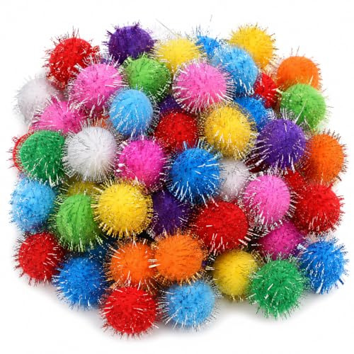 Perlin 100stk Plush Pompons mit Silber Glitzer 20mm Rund Pompon, Bunte Mix Farben Set 2cm Bommel Nähen Tilda Basteln Borte bälle Flauschigen Plüsch Bälle für Lustige DIY Kreative Handwerk