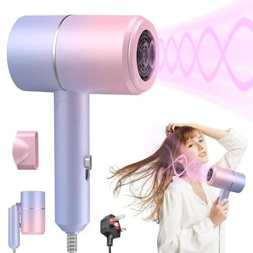 Dhqkqg Hair Dryer, Foldable Travel Hairdryer, Professional Hairdryer, Blow Dryer with Heating and Cool Button, Small Hair Dryer, Fast Drying Ionic Hairdryer for Women, Girls, Men (Gradient Purple)